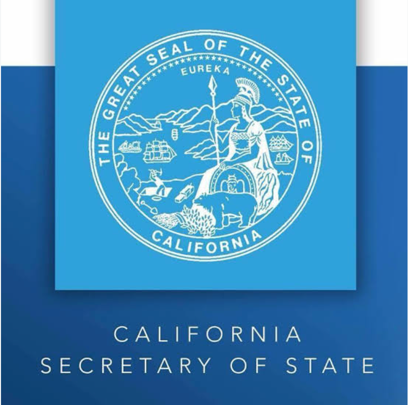 Seal of State of California with text reading California Secretary of State